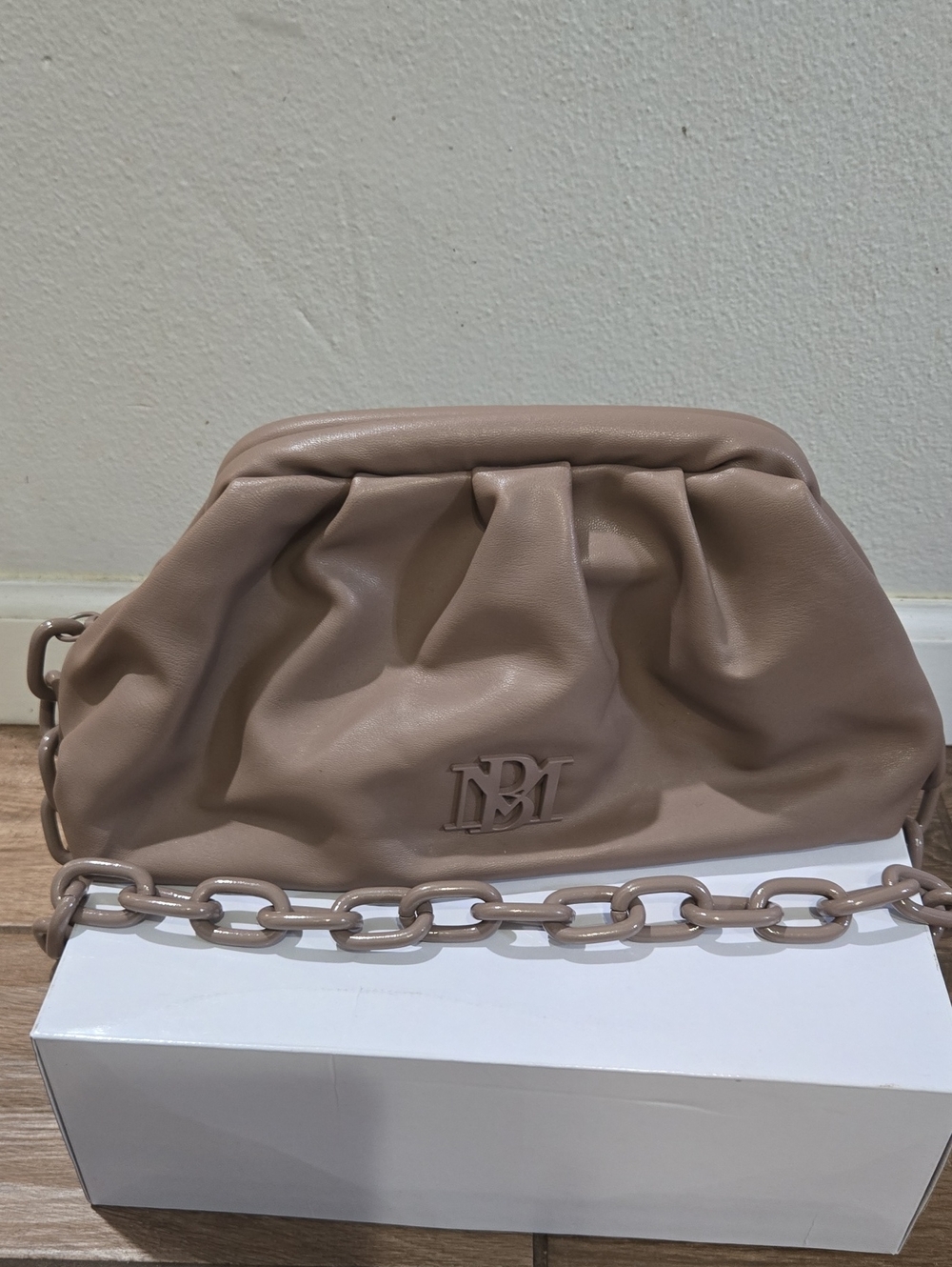 Badgley Mischka Taupe Pleated Shoulder Clutch with Chunky Chain